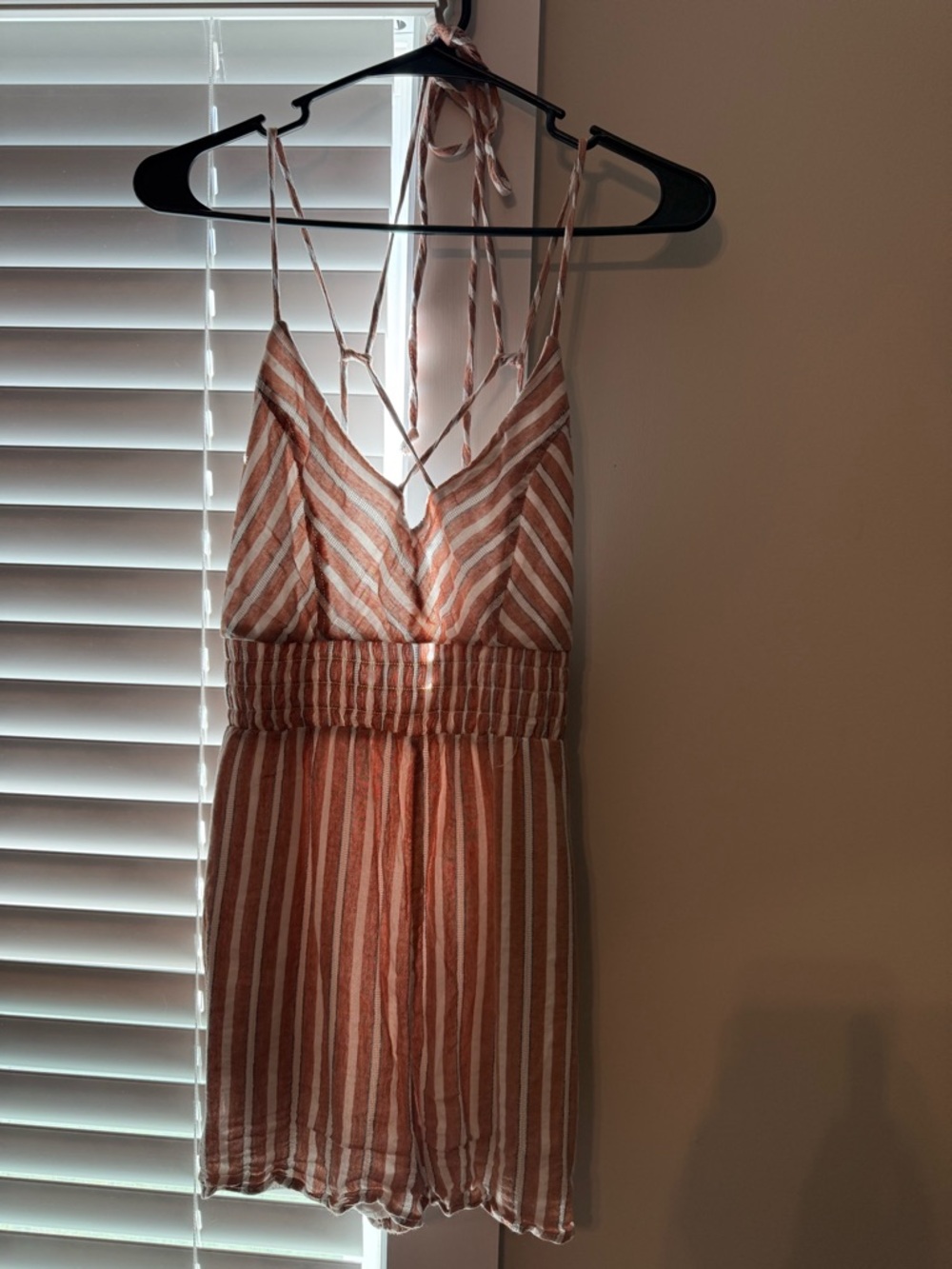 Striped V-Neck Tie-Back Romper in Rust and White